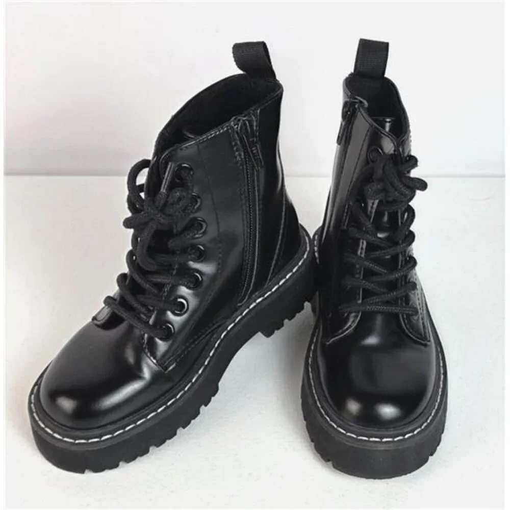 H&M Girls Black Patent Faux Leather Combat Boots Furry Lined Lace Up Zip US 12